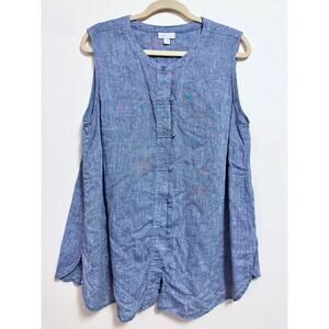 J Jill Love Linen Sleeveless Toggle / Knot Button Swing Tank Blue / Chambray XL